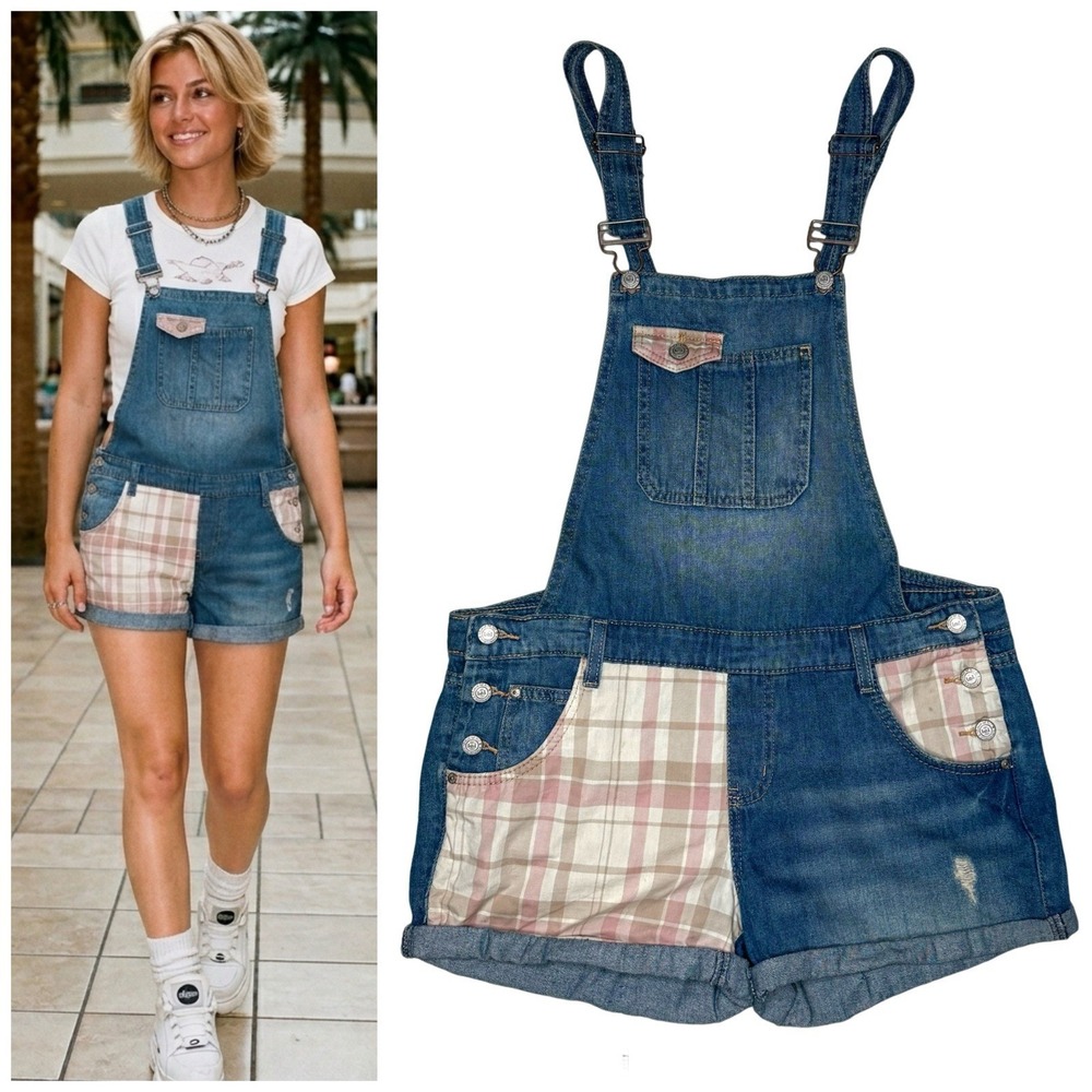 Lei Juniors L Blue Denim Overalls Plaid‎ Patchwork Shorts 100% Cotton Shortall